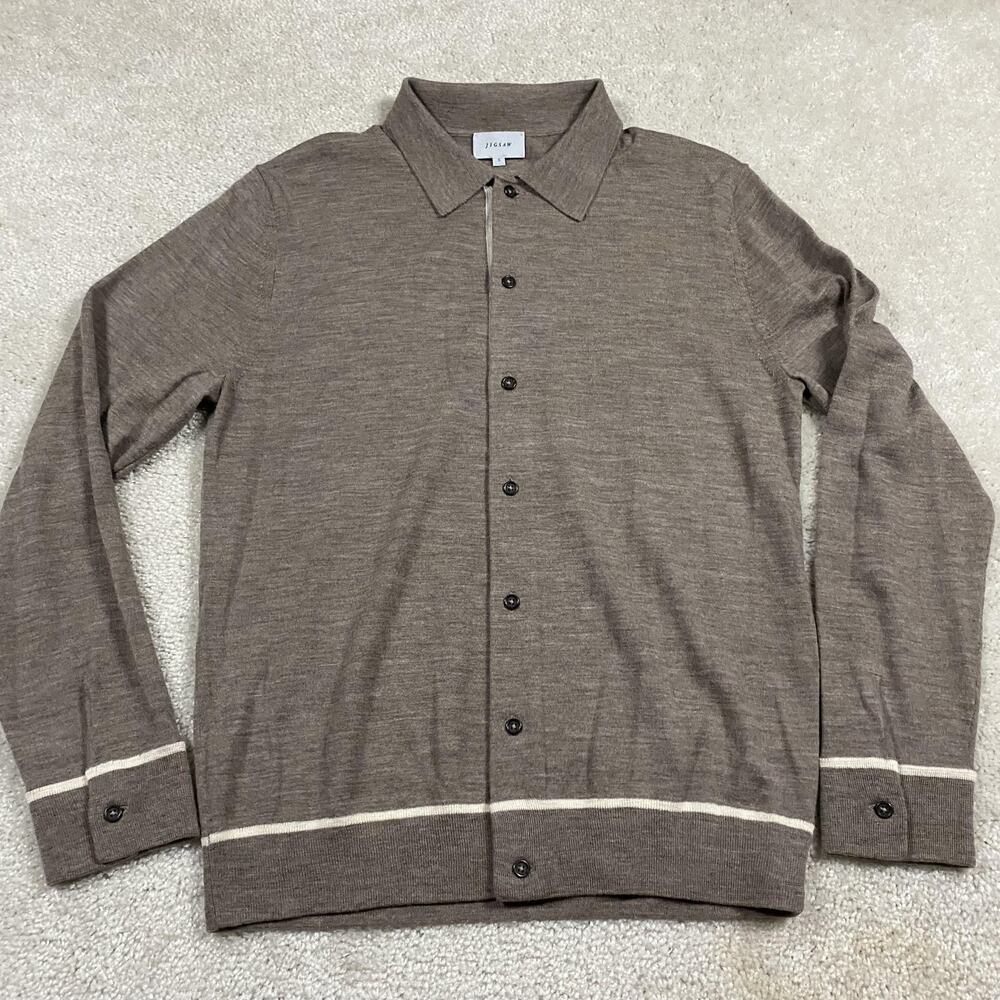 Jigsaw Cardigan Sweater Mens S Brown 100% Wool Button Front Collared Knit